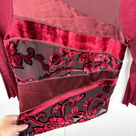 Kay Unger Vintage Velvet Mesh Baroque Maroon Red Stretch Blouse Top Whimsigoth - Picture 4 of 7